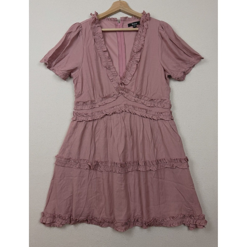 Trixxi Fit & Flare Ruffle Trim Womens XL Mini Dress Pink Mauve Boho Lined V-Neck